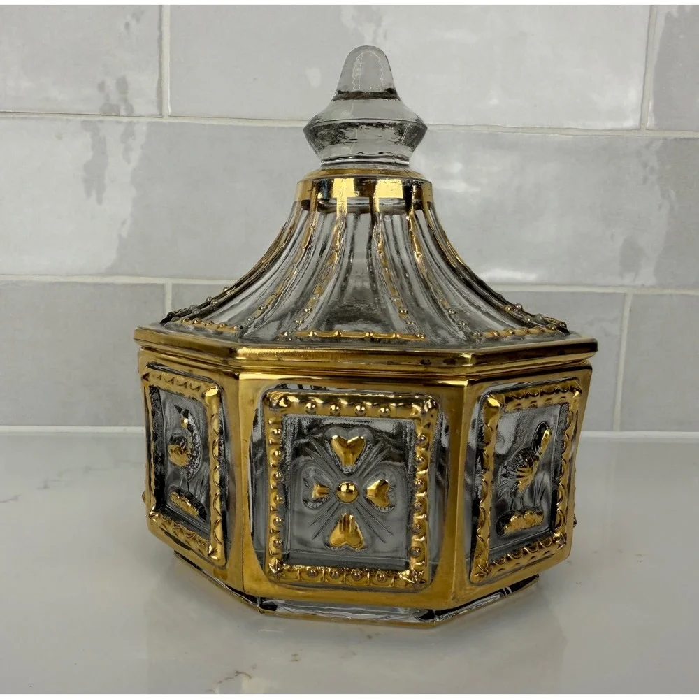 Imperial Glass Octagonal Trinket Box Gold Gilt Bird Flower Candy Dish With Lid